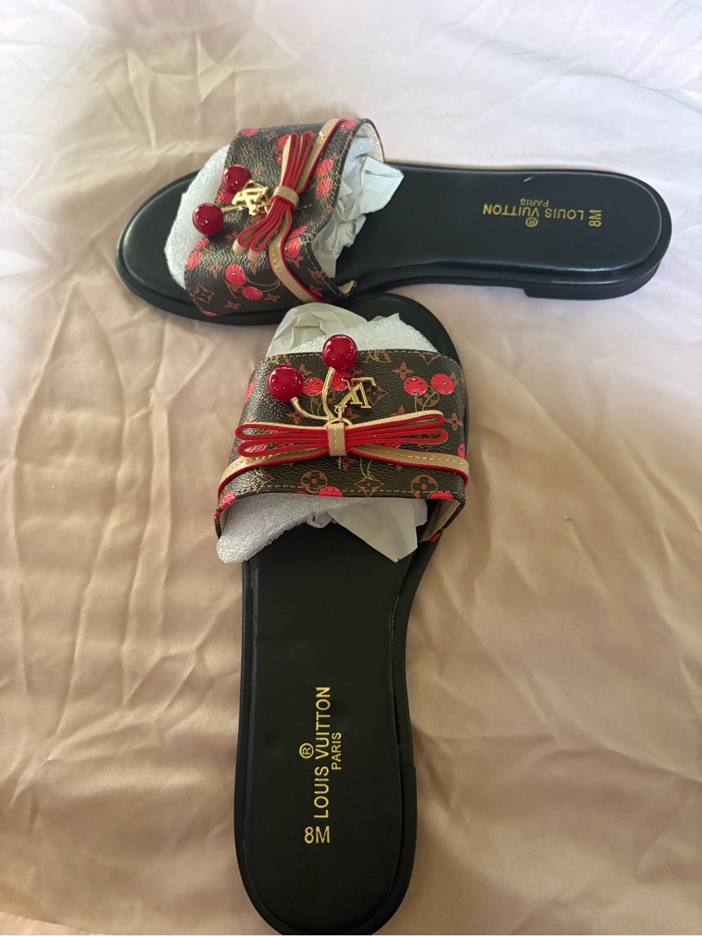 Louis Vuitton Brown Monogram Cherry-Accent Slide Mules with Red Trim